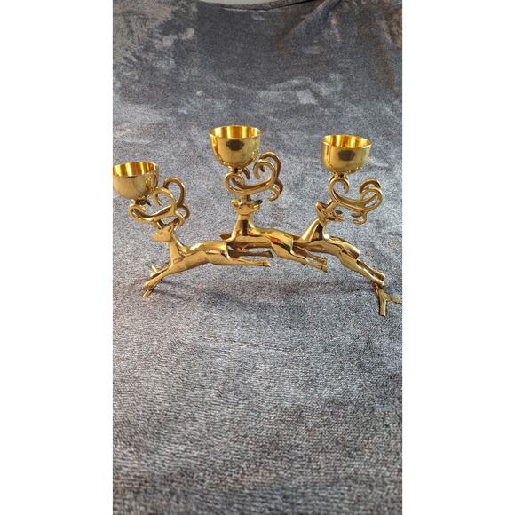 Brass Jumping Reindeer Triple Tealight/Votive Candle Holder Christmas Holiday - Picture 3 of 15